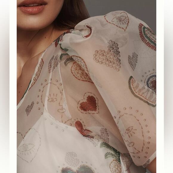 FARM Rio Sheer Puff-Sleeve Dress Printed Hearts Size Large NWT - Picture 3 of 7